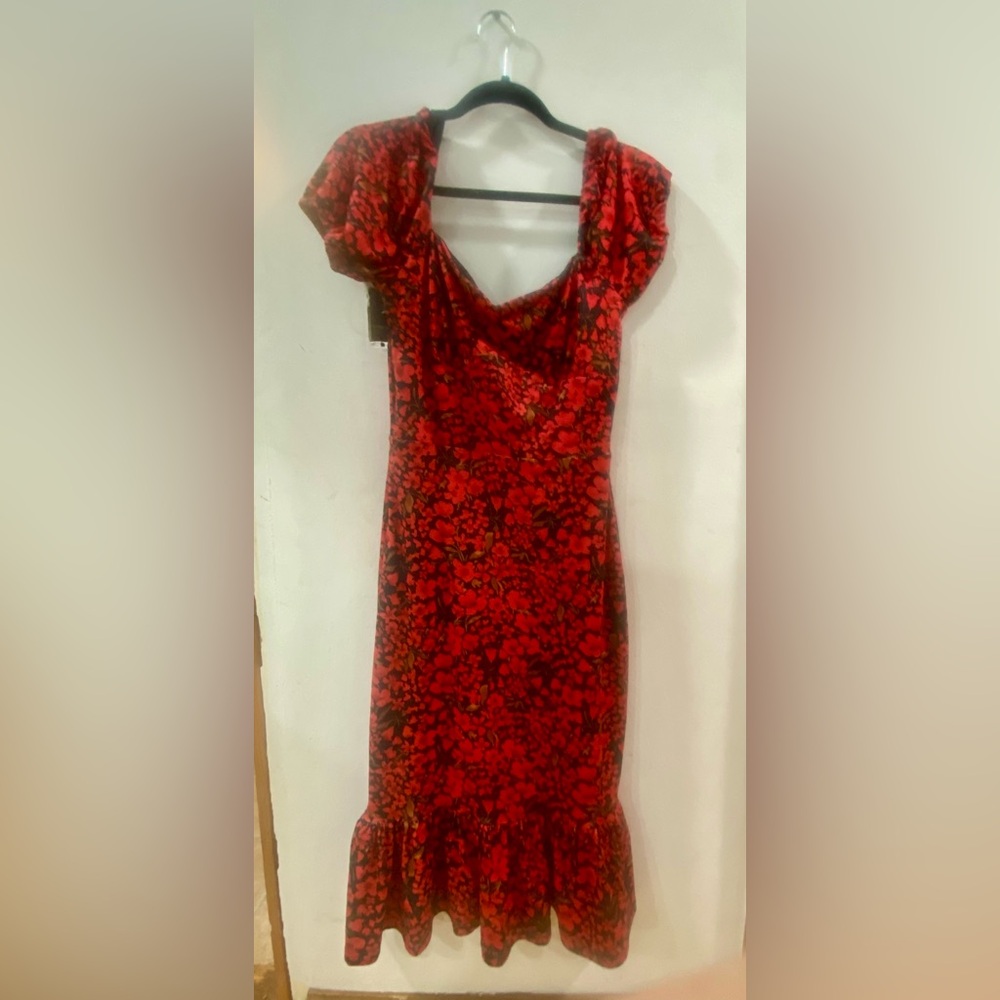 American Heiress Carmen Puff Sleeve Midi Dress Red